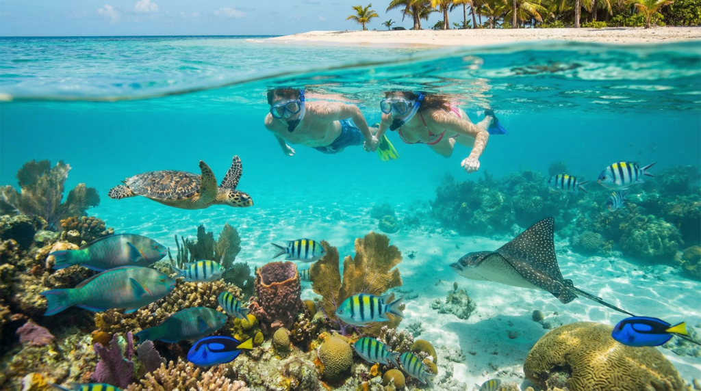 Snorkelers glide above a vibrant coral reef off Ranguana Caye, swimming alongside a sea turtle, tropical fish, and a spotted eagle ray in clear turquoise Caribbean water, with a palm-lined island visible above the surface.
